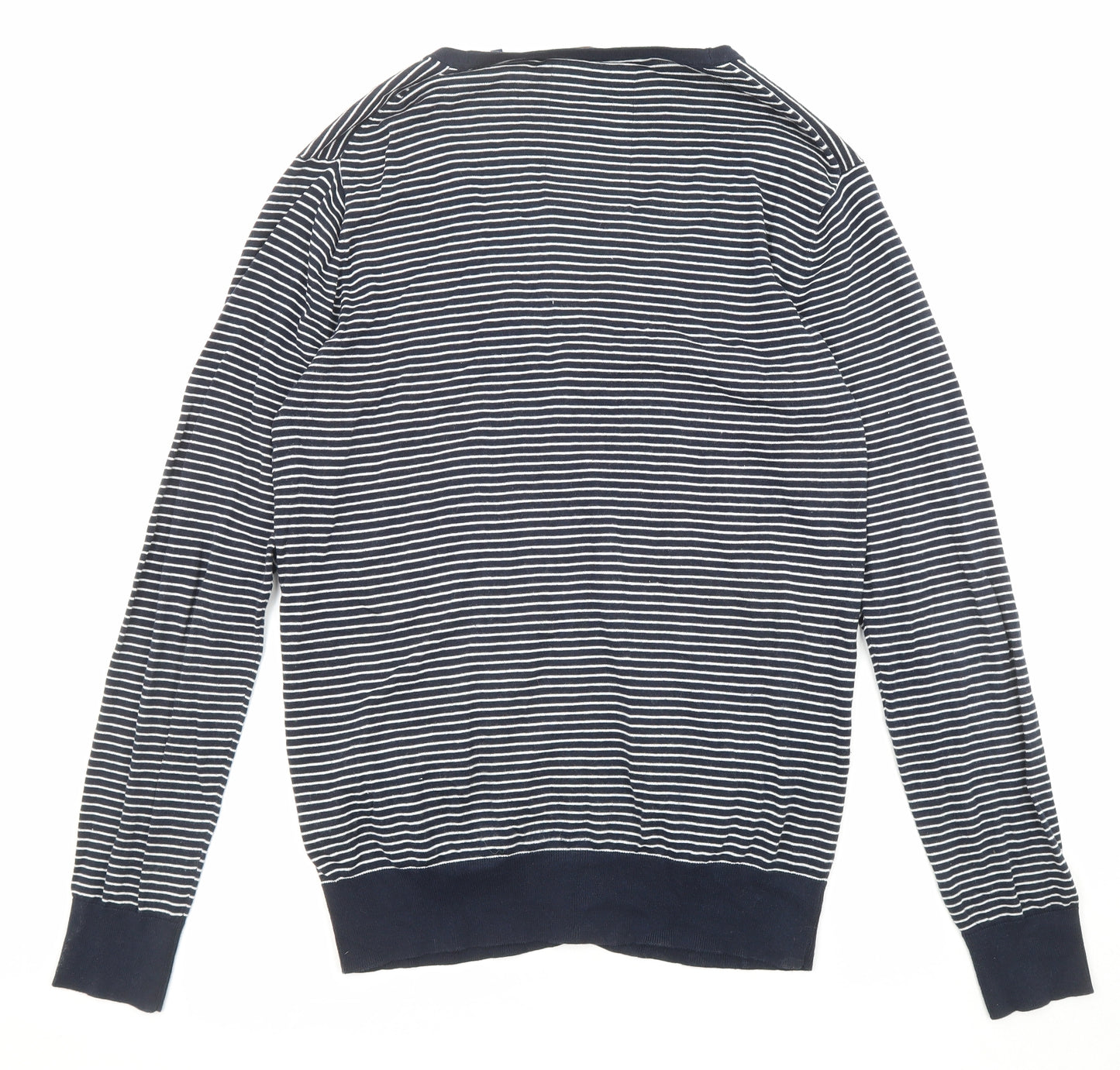 Scotch & Soda Mens Blue V-Neck Striped Cotton Cardigan Jumper Size L Long Sleeve - Pockets