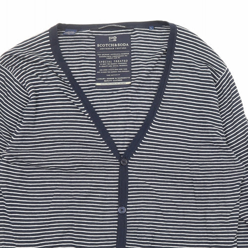 Scotch & Soda Mens Blue V-Neck Striped Cotton Cardigan Jumper Size L Long Sleeve - Pockets