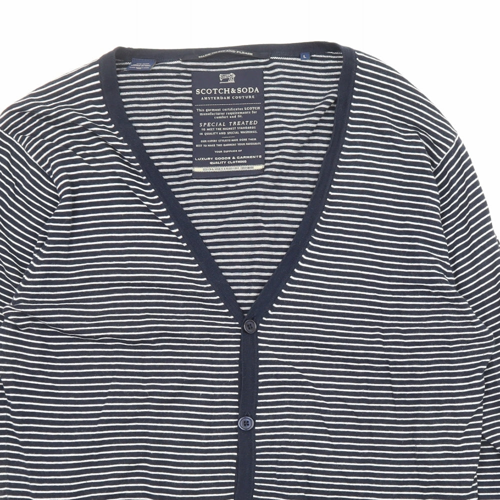 Scotch & Soda Mens Blue V-Neck Striped Cotton Cardigan Jumper Size L Long Sleeve - Pockets