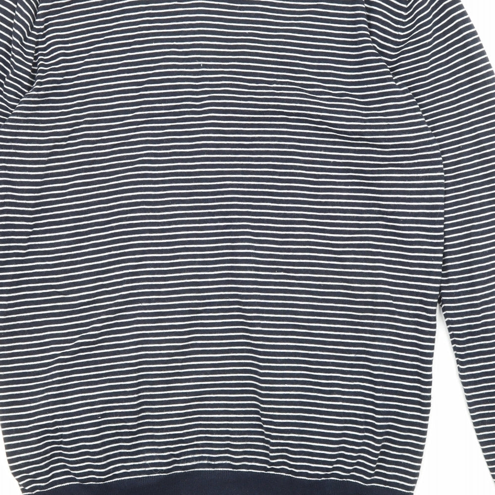 Scotch & Soda Mens Blue V-Neck Striped Cotton Cardigan Jumper Size L Long Sleeve - Pockets