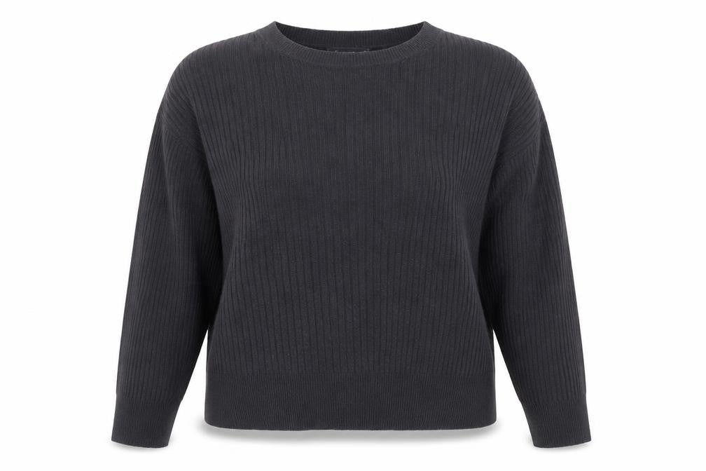 Front view of Marks & Spencer women’s blue boat neck acrylic jumper, size UK 16
