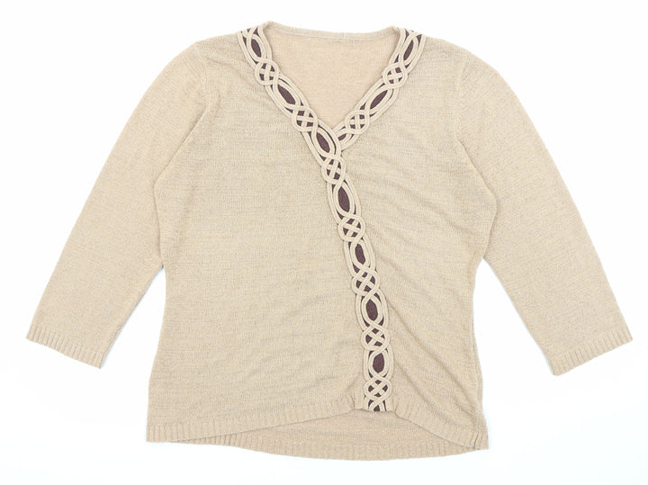 Stephen Womens Beige V-Neck Acrylic Pullover Jumper Size M
