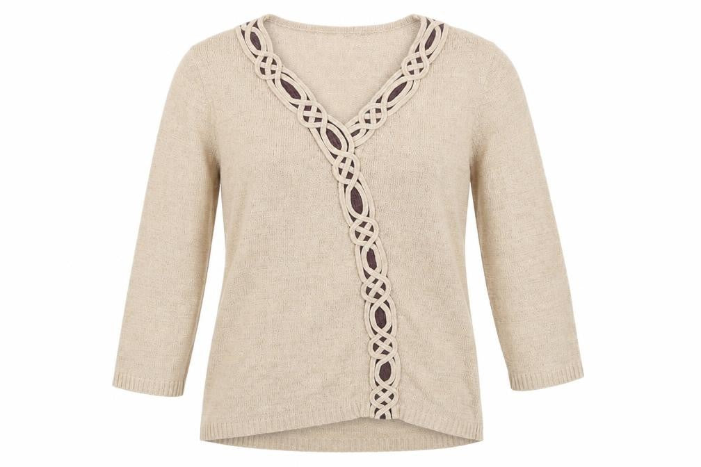 Front view of Stephen women’s beige v-neck acrylic jumper, size M