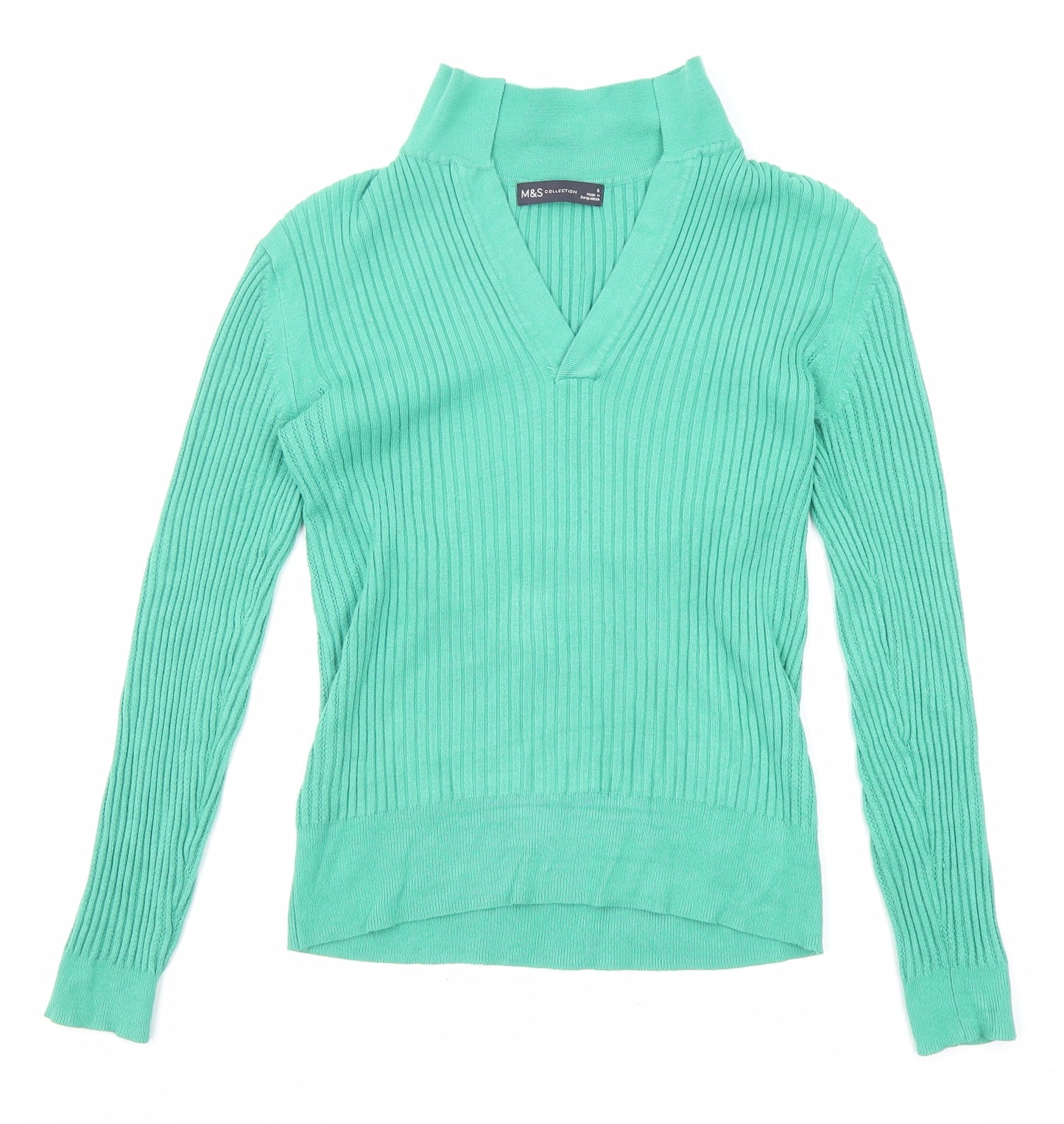 Marks and Spencer Womens Green V-Neck Viscose Pullover Jumper Size 8 - Collared