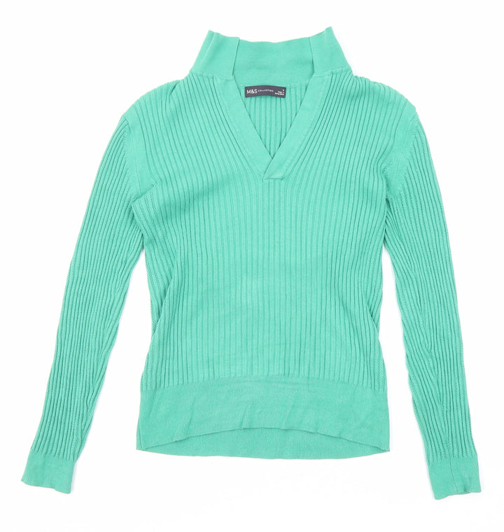 Marks and Spencer Womens Green V-Neck Viscose Pullover Jumper Size 8 - Collared
