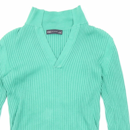 Marks and Spencer Womens Green V-Neck Viscose Pullover Jumper Size 8 - Collared