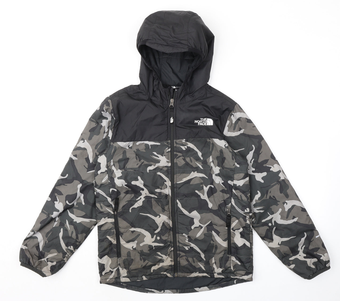 The North Face Boys Multicoloured Camouflage Puffer Jacket Jacket Size L Zip - Hooded Zipped Pockets