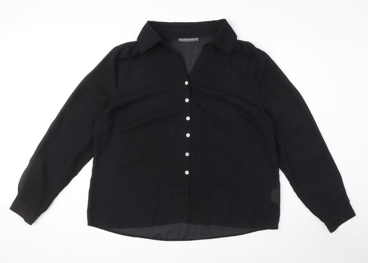 Front view of Jessica Holbrook women’s black polyester basic button-up, size XL, collared