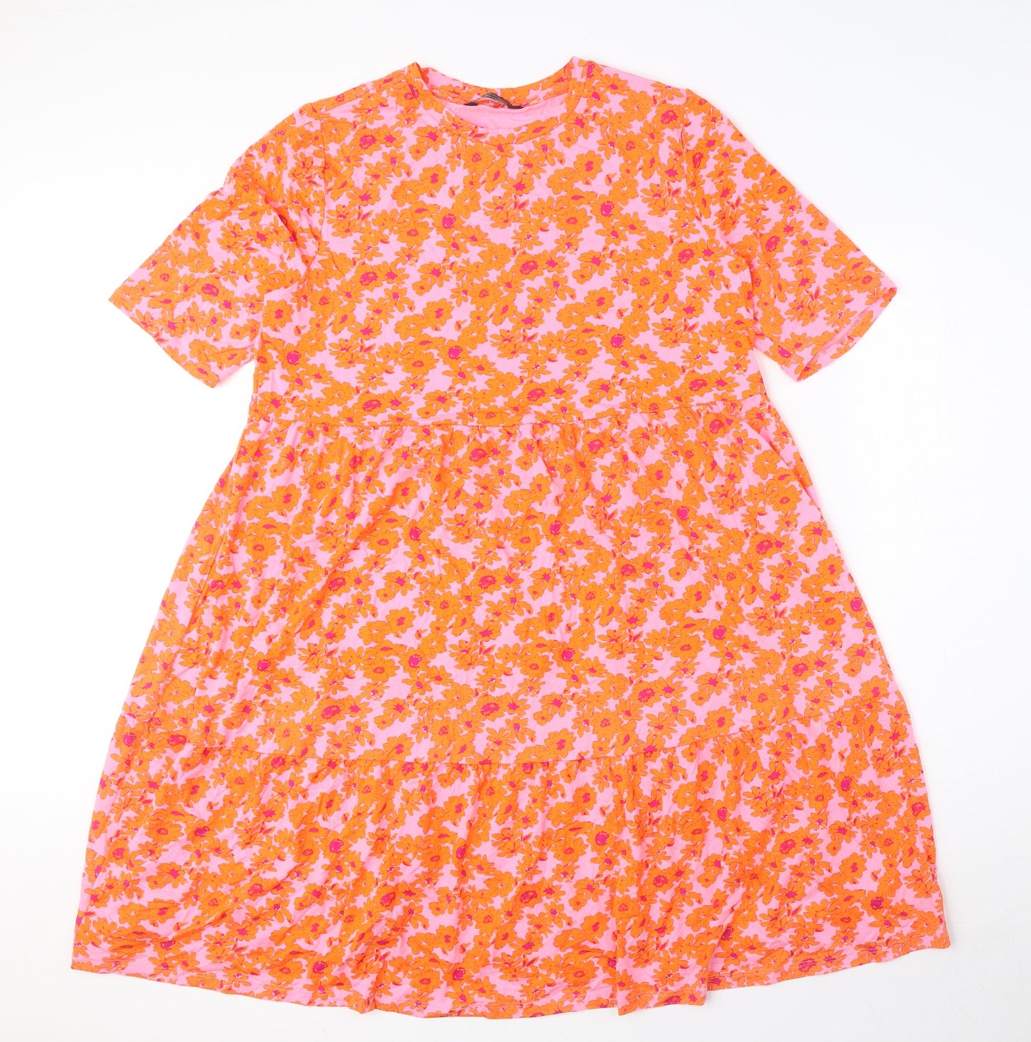 Marks and Spencer Womens Orange Floral Viscose T-Shirt Dress Size 16 Round Neck Pullover