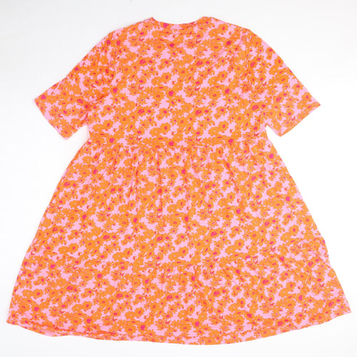 Marks and Spencer Womens Orange Floral Viscose T-Shirt Dress Size 16 Round Neck Pullover