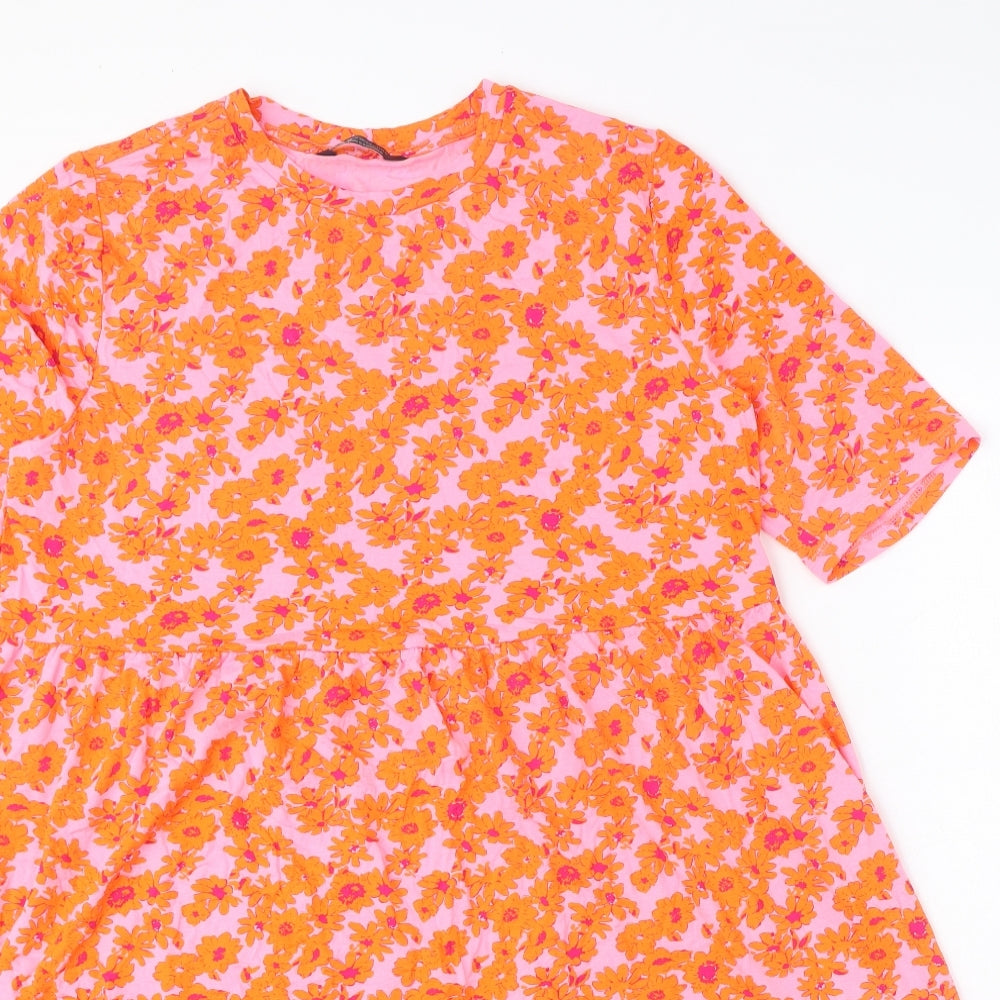 Marks and Spencer Womens Orange Floral Viscose T-Shirt Dress Size 16 Round Neck Pullover
