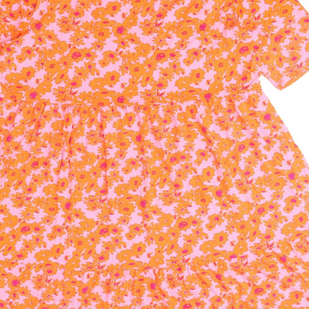 Marks and Spencer Womens Orange Floral Viscose T-Shirt Dress Size 16 Round Neck Pullover