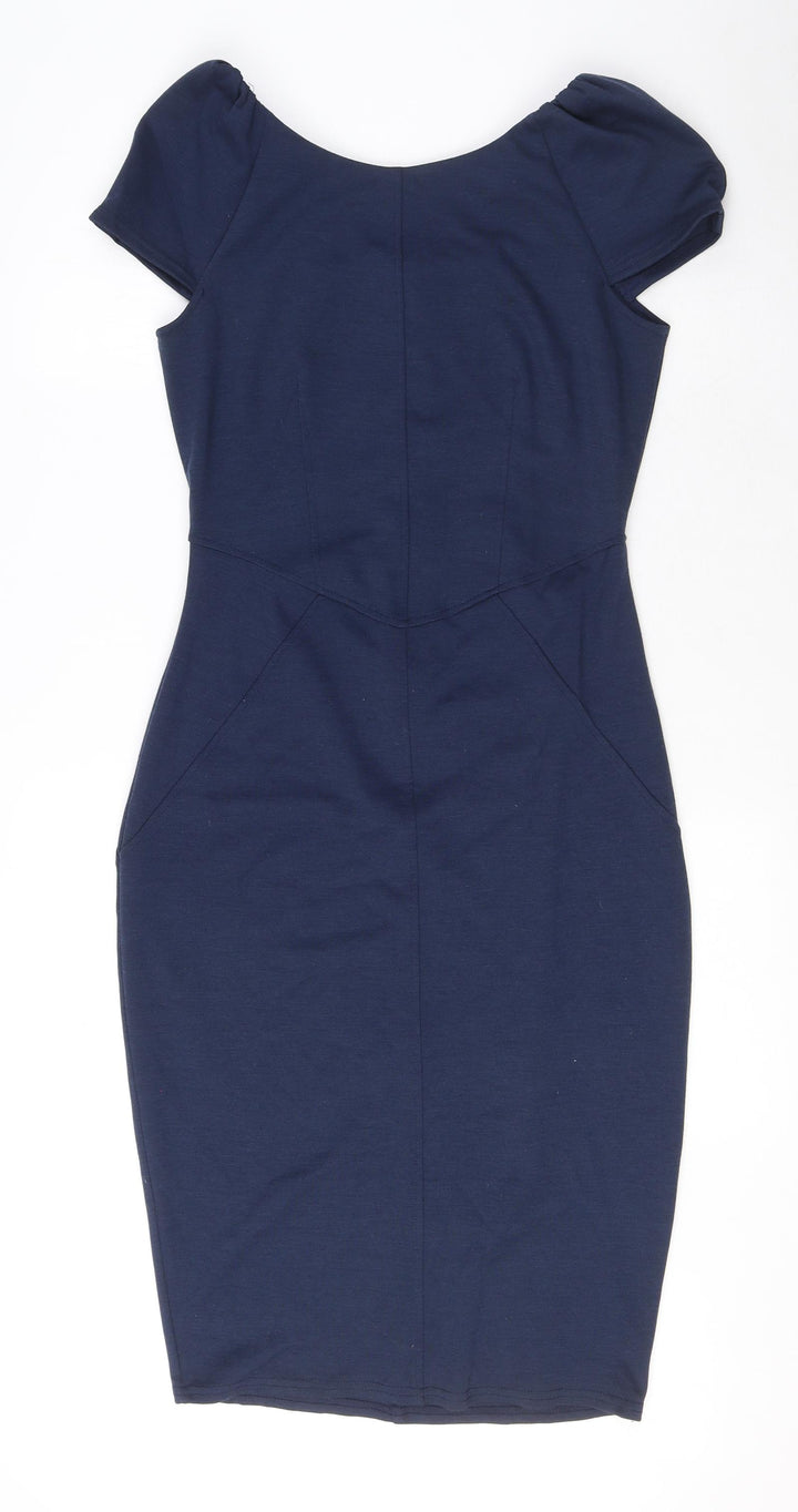 Closet Womens Blue Polyester Pencil Dress Size 10 Boat Neck Zip - Puff Shoulder
