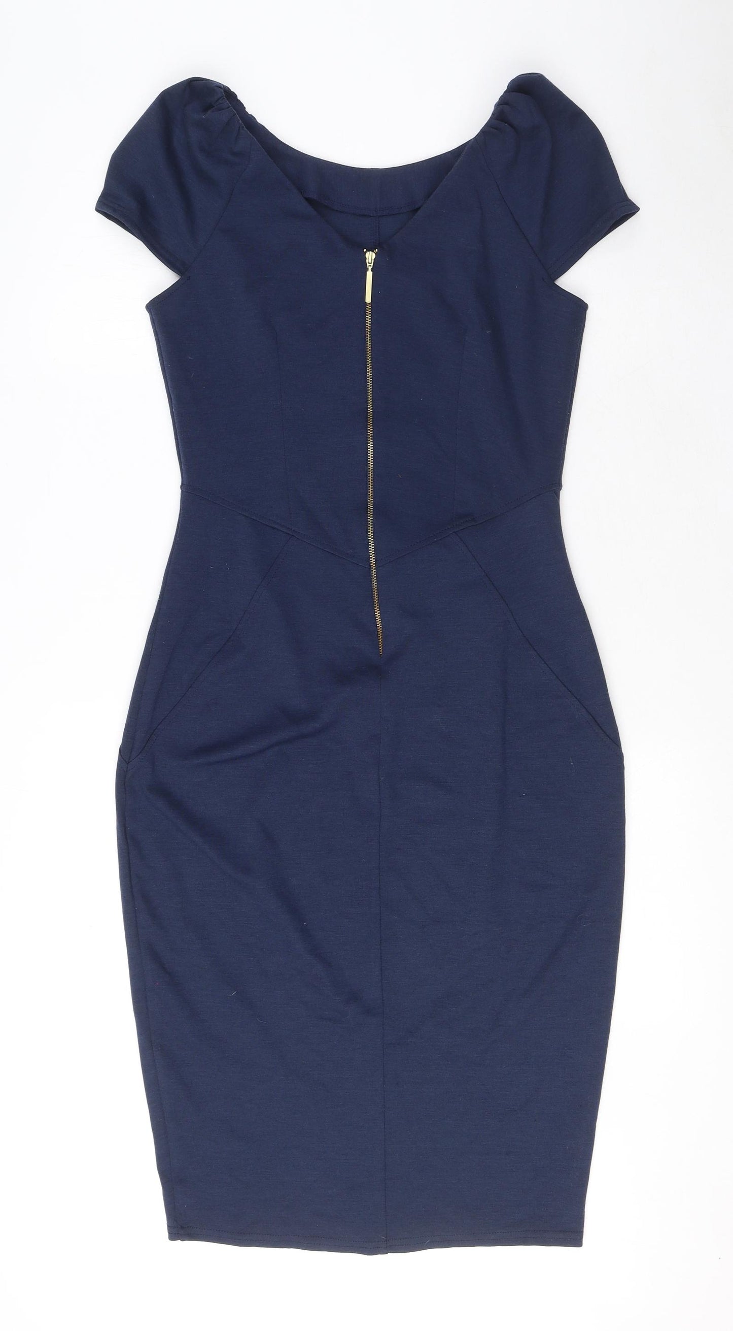 Closet Womens Blue Polyester Pencil Dress Size 10 Boat Neck Zip - Puff Shoulder