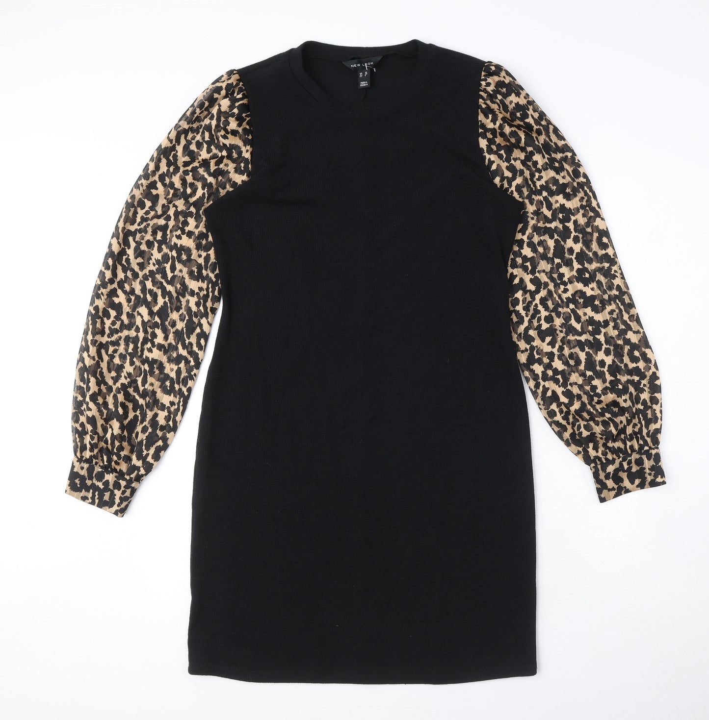 New Look Womens Black Animal Print Polyester Mini Size 10 Round Neck Pullover - Leopard print, Puffy sleeves
