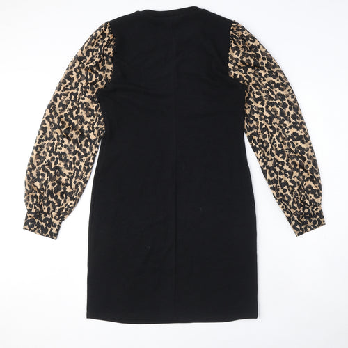 New Look Womens Black Animal Print Polyester Mini Size 10 Round Neck Pullover - Leopard print, Puffy sleeves