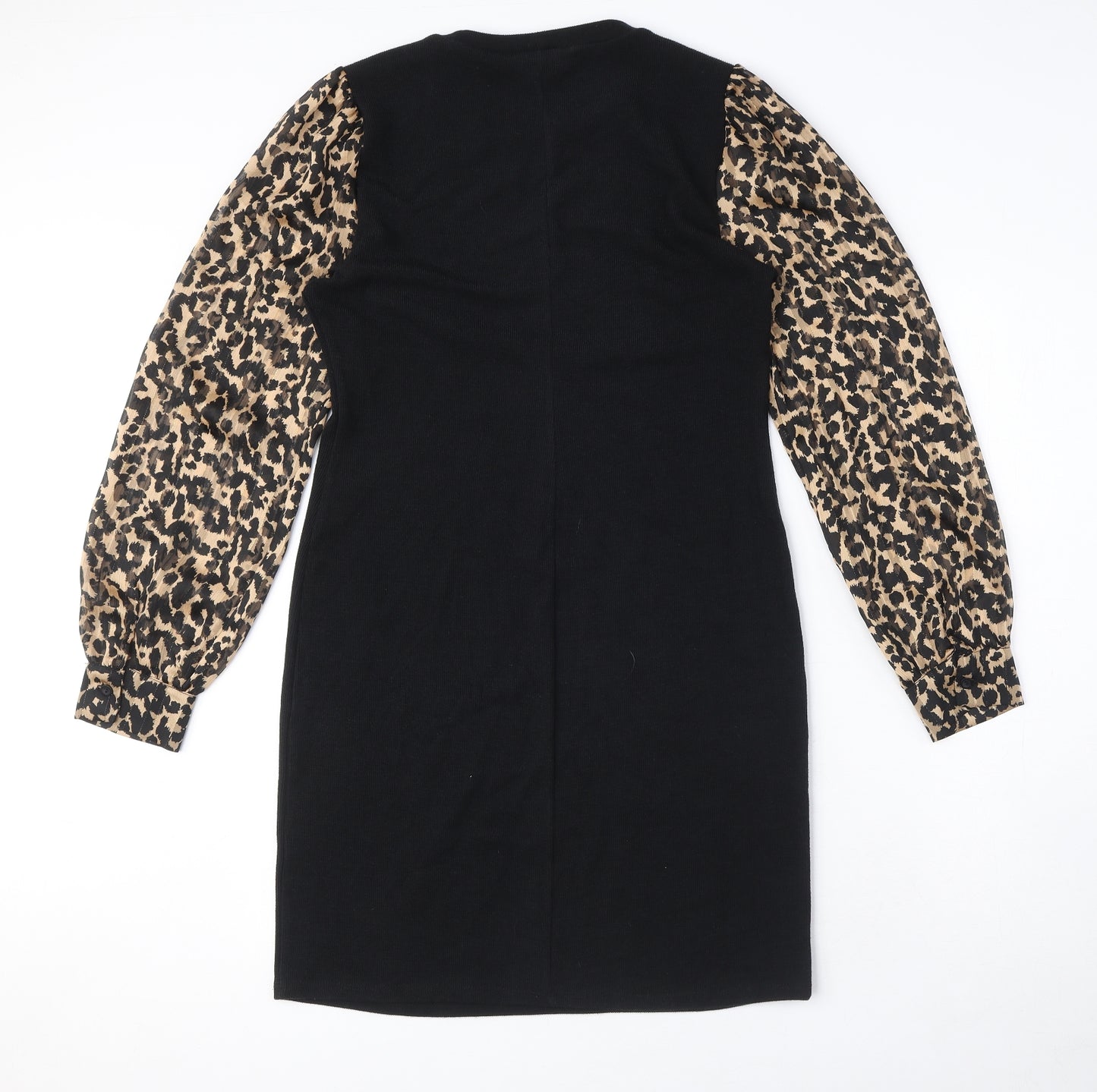 New Look Womens Black Animal Print Polyester Mini Size 10 Round Neck Pullover - Leopard print, Puffy sleeves