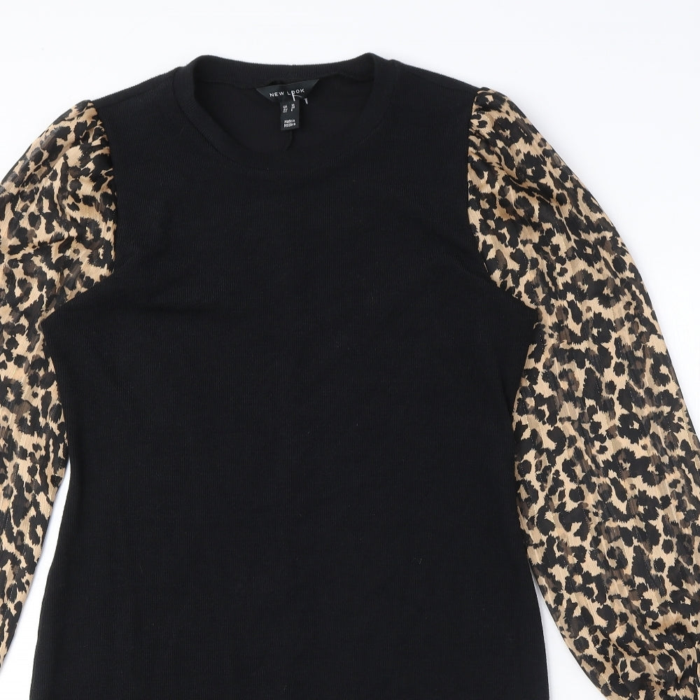 New Look Womens Black Animal Print Polyester Mini Size 10 Round Neck Pullover - Leopard print, Puffy sleeves