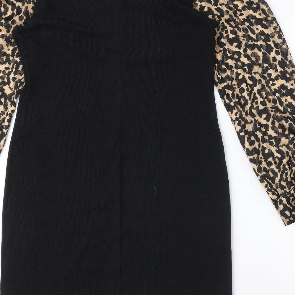 New Look Womens Black Animal Print Polyester Mini Size 10 Round Neck Pullover - Leopard print, Puffy sleeves