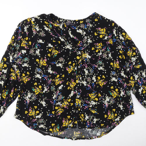 Marks and Spencer Womens Black Floral Viscose Basic Button-Up Size 12 Round Neck