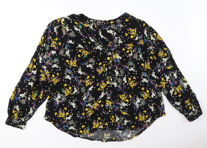 Marks and Spencer Womens Black Floral Viscose Basic Button-Up Size 12 Round Neck
