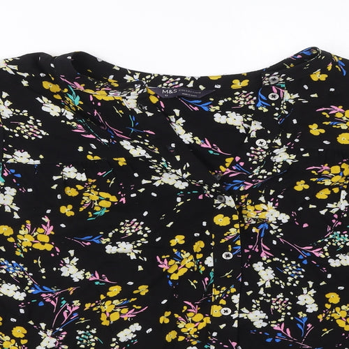 Marks and Spencer Womens Black Floral Viscose Basic Button-Up Size 12 Round Neck