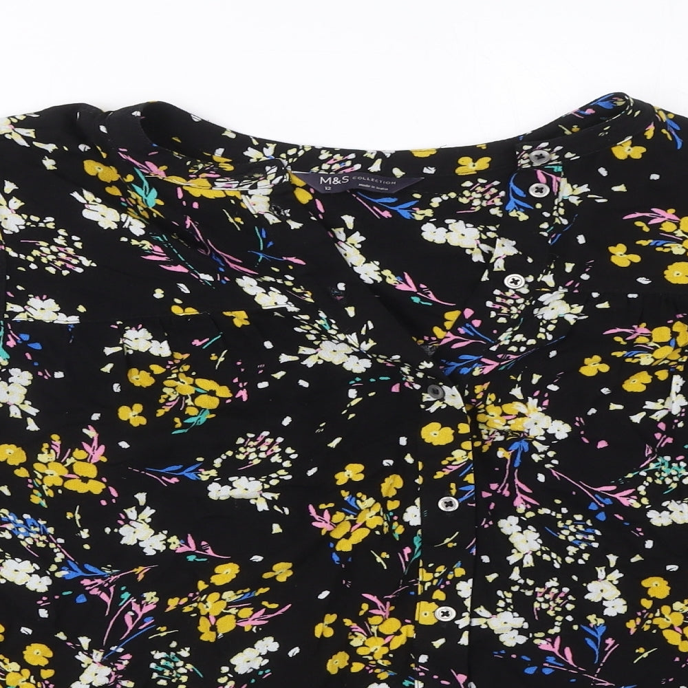 Marks and Spencer Womens Black Floral Viscose Basic Button-Up Size 12 Round Neck