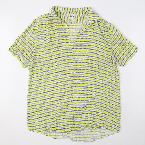 Zara Womens Yellow Geometric Polyester Basic Button-Up Size L Collared - Lemonade