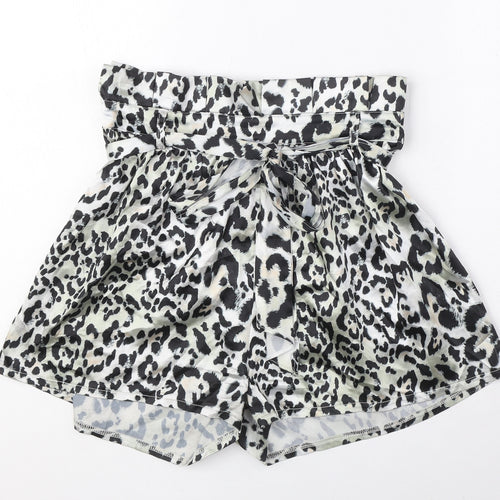 PRETTYLITTLETHING Womens Silver Animal Print Polyester Paperbag Shorts Size 10 Regular Zip - Belted