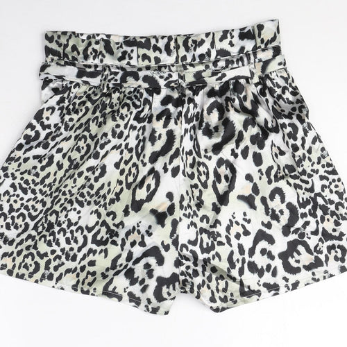 PRETTYLITTLETHING Womens Silver Animal Print Polyester Paperbag Shorts Size 10 Regular Zip - Belted