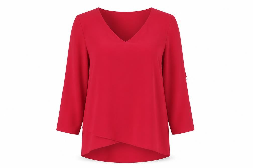 Front view of M&Co women’s pink polyester basic blouse, size UK 8, v-neck - buckle detail