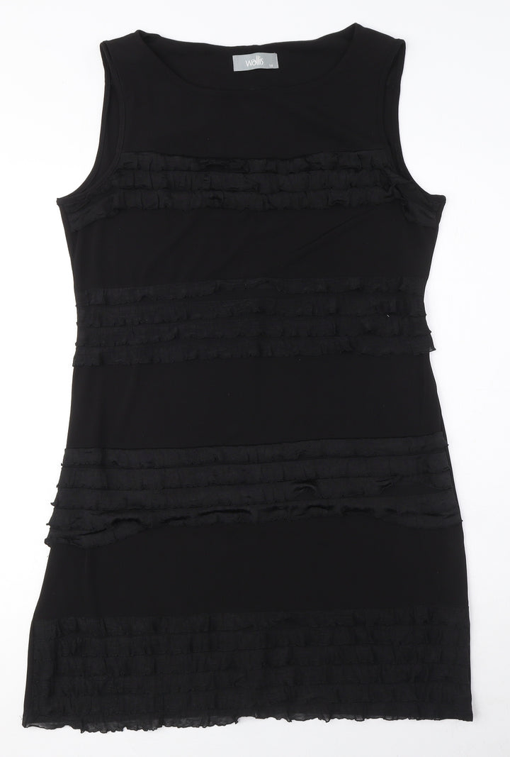 Wallis Womens Black Polyester A-Line Size 14 Boat Neck Pullover - Ruffle Detail