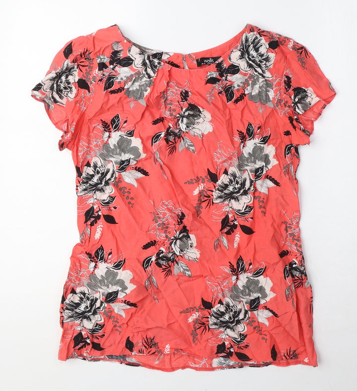 Wallis Womens Pink Floral Viscose Basic T-Shirt Size 10 Round Neck