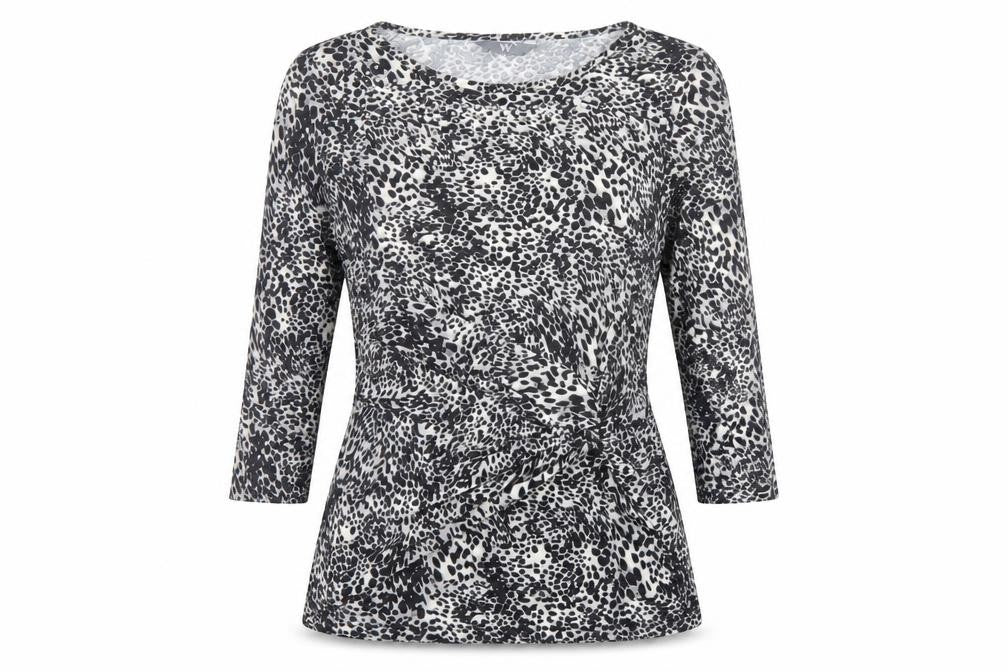 Front view of BHS women’s grey animal print polyester basic blouse, size UK 10, boat neck - embellished neckline