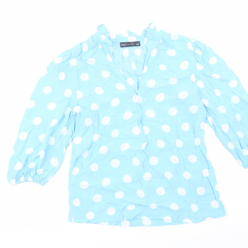 Marks and Spencer Womens Blue Polka Dot Viscose Basic Blouse Size 6 V-Neck