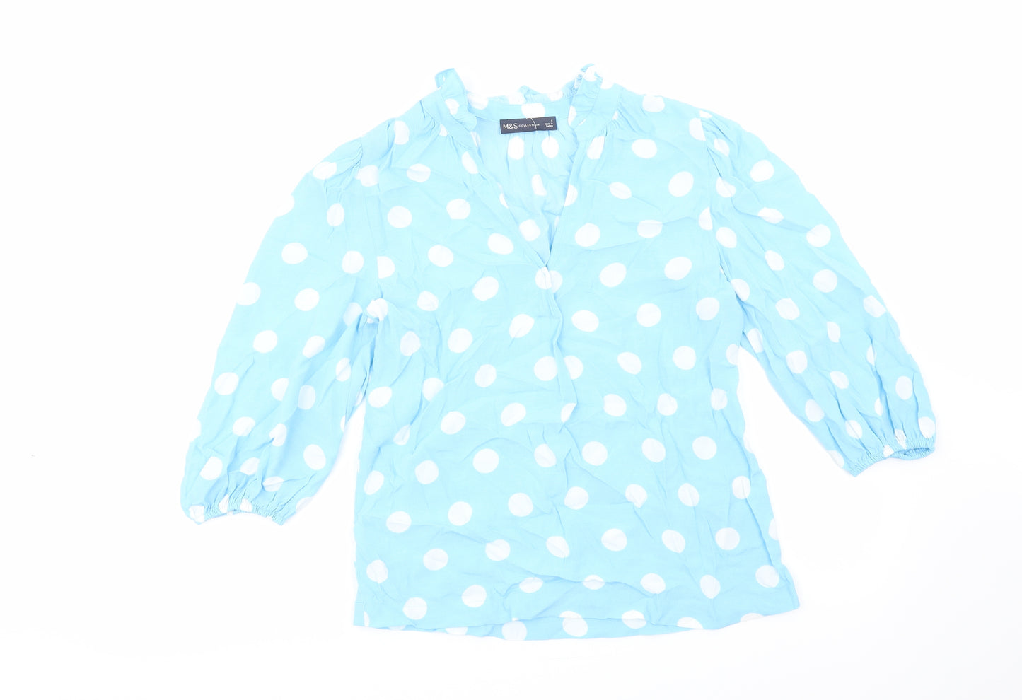 Marks and Spencer Womens Blue Polka Dot Viscose Basic Blouse Size 6 V-Neck