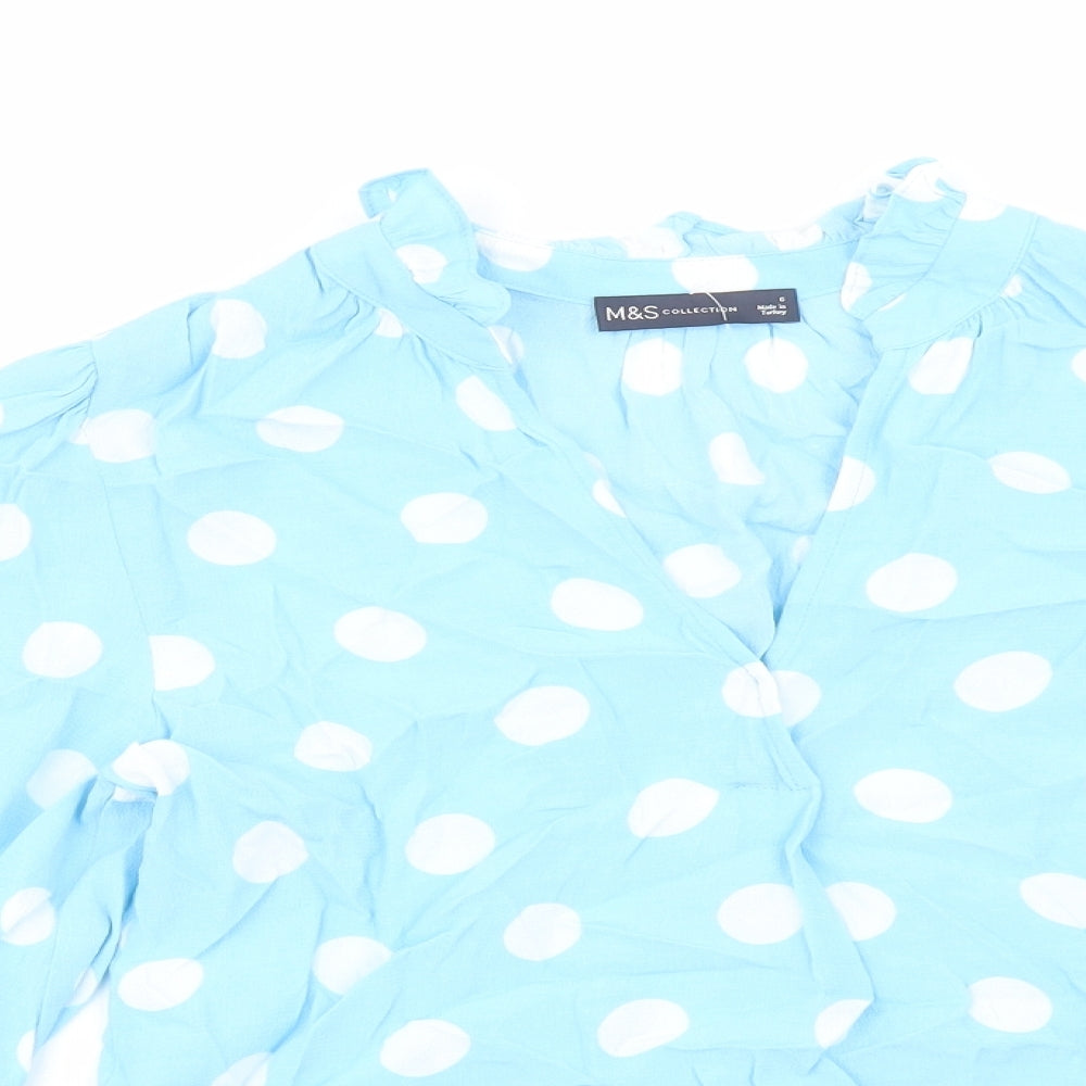 Marks and Spencer Womens Blue Polka Dot Viscose Basic Blouse Size 6 V-Neck