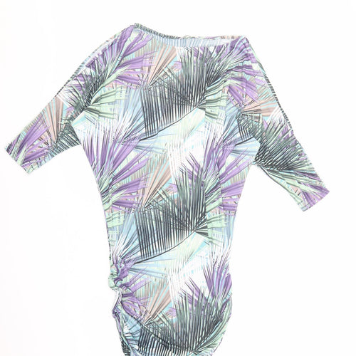Shakti Shanti Womens Multicoloured Geometric Polyester T-Shirt Dress Size 6 Boat Neck Pullover - Ruched Sides Cold Shoulder