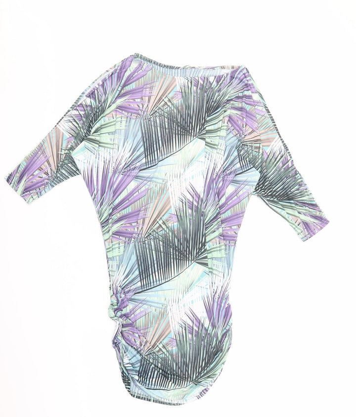 Shakti Shanti Womens Multicoloured Geometric Polyester T-Shirt Dress Size 6 Boat Neck Pullover - Ruched Sides Cold Shoulder