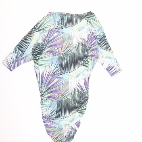 Shakti Shanti Womens Multicoloured Geometric Polyester T-Shirt Dress Size 6 Boat Neck Pullover - Ruched Sides Cold Shoulder