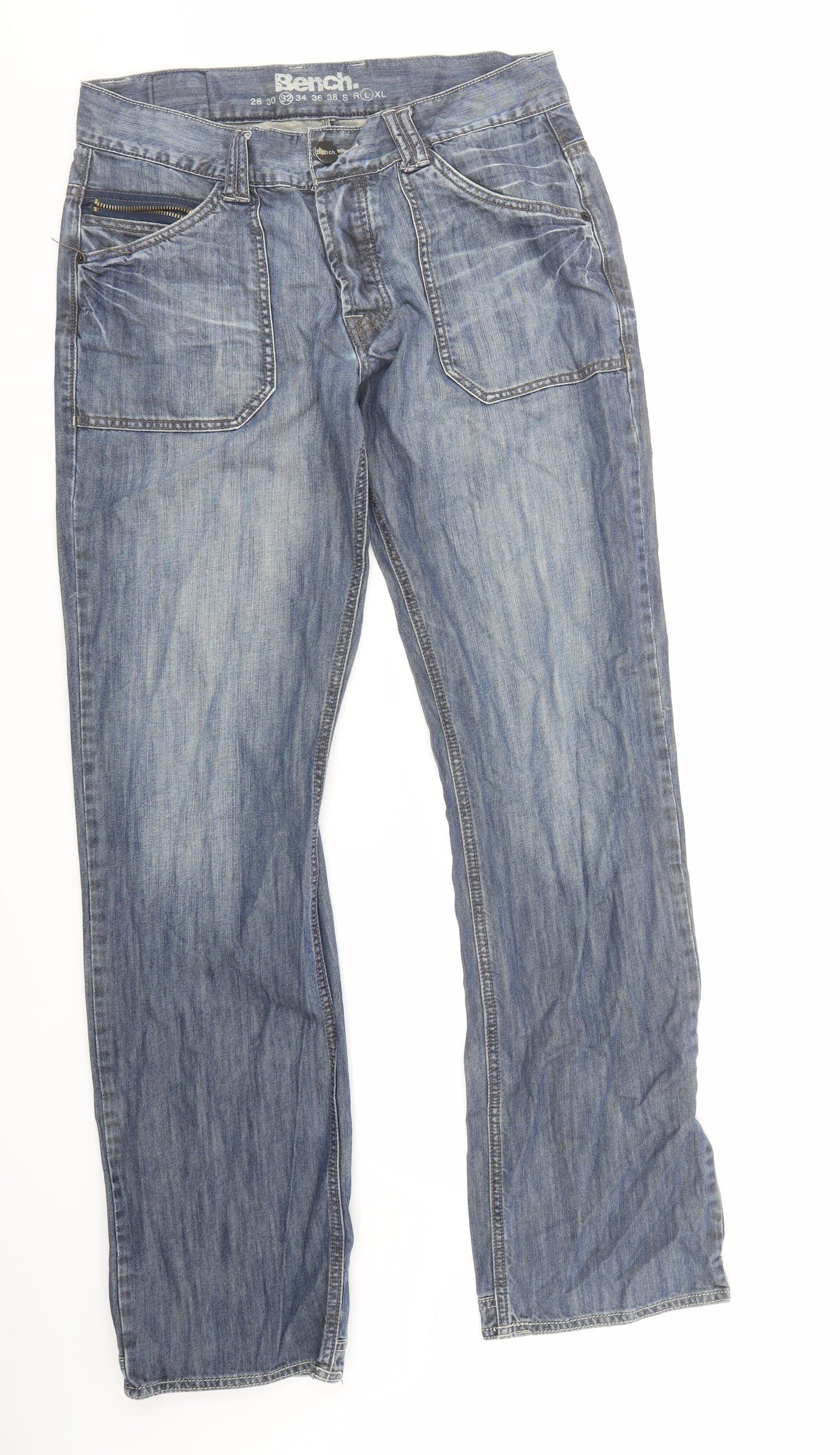 Bench Mens Blue Cotton Straight Jeans Size 32 in L33 in Regular Zip