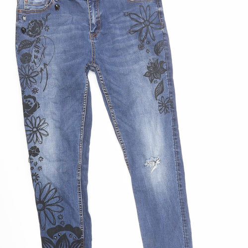 Desigual Womens Blue Floral Cotton Skinny Jeans Size 32 in L29 in Regular Zip - Embellished