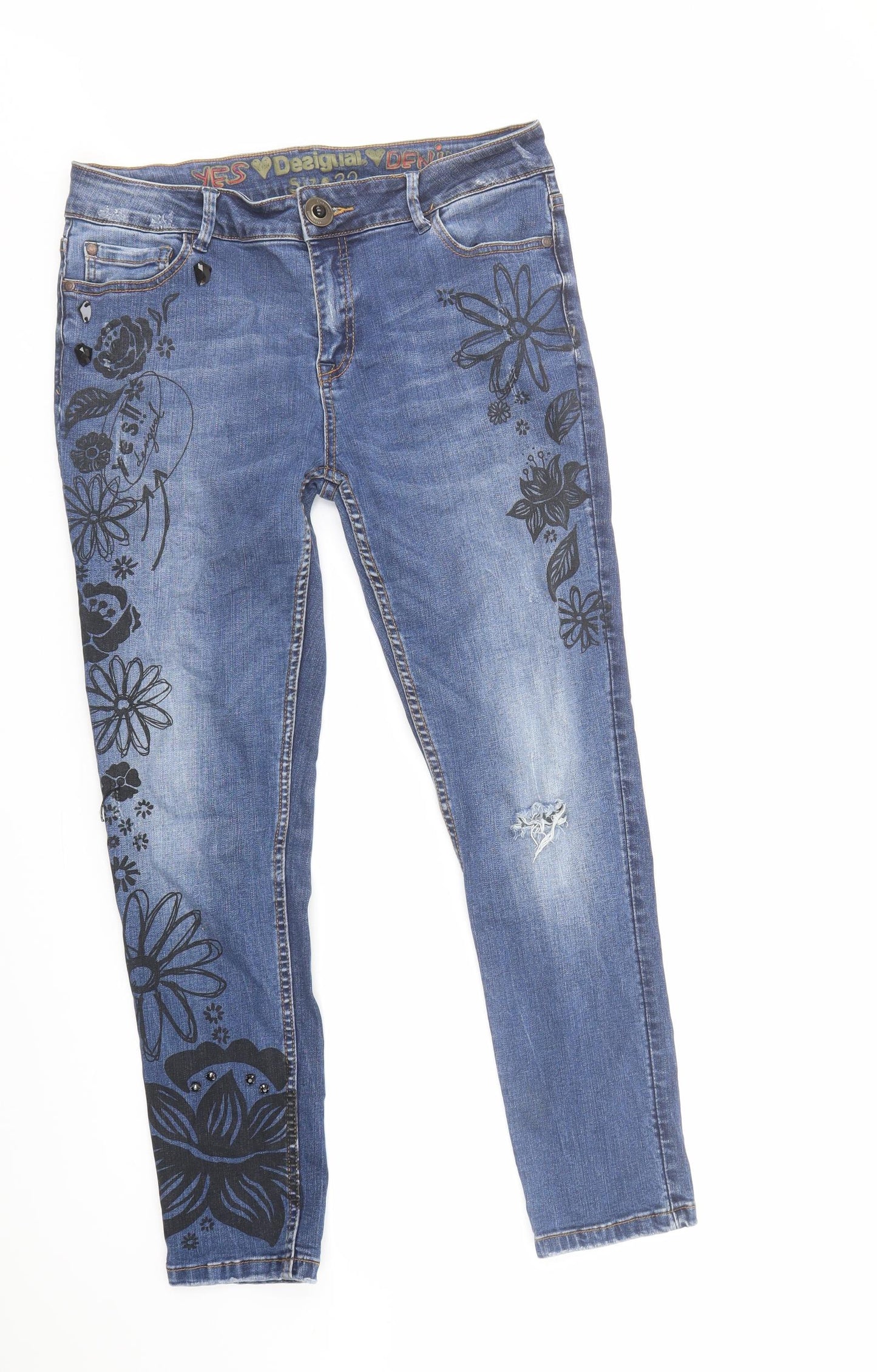 Desigual Womens Blue Floral Cotton Skinny Jeans Size 32 in L29 in Regular Zip - Embellished