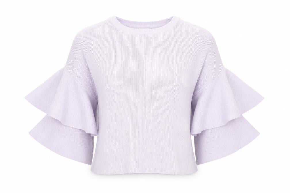 Front view of River Island women’s purple round neck cotton jumper, size UK 6, - flared sleeves