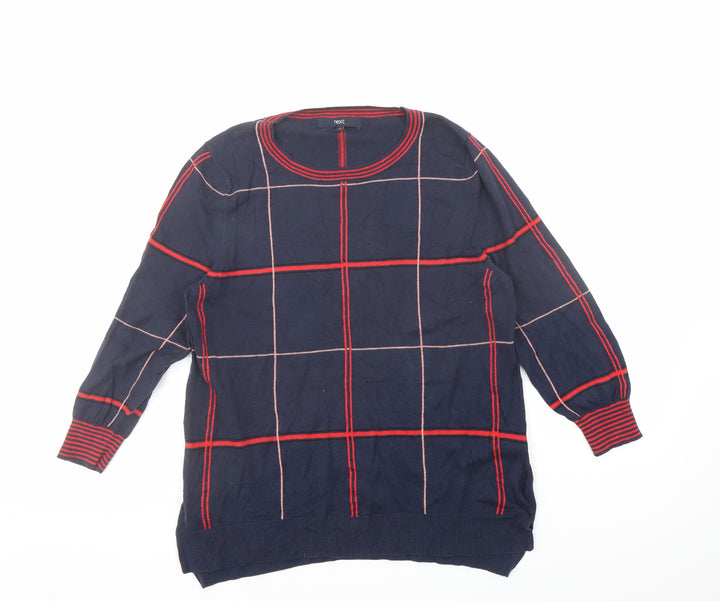 NEXT Womens Blue Round Neck Plaid Cotton Pullover Jumper Size 14