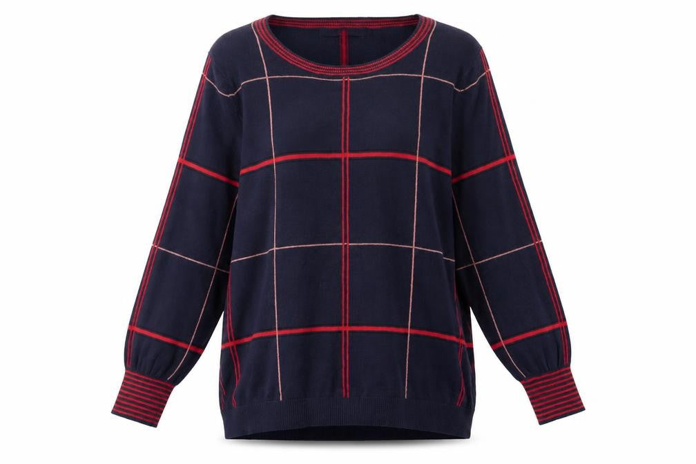 Front view of Next women’s blue round neck plaid cotton jumper, size UK 14