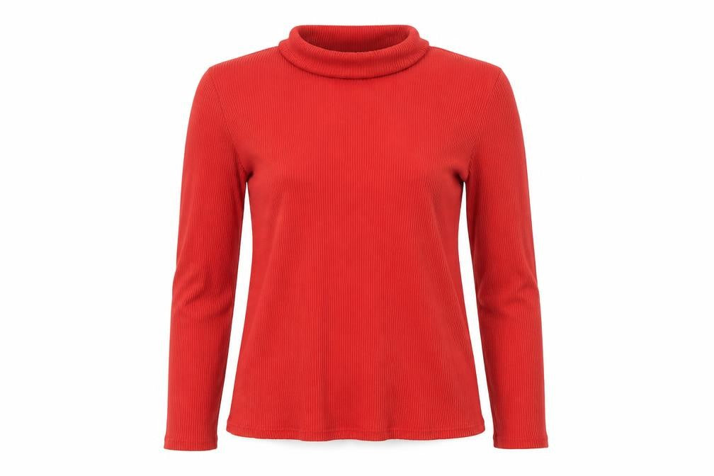 Front view of Miss Selfridge women’s red viscose basic t-shirt, size UK 12, roll neck - ribbed