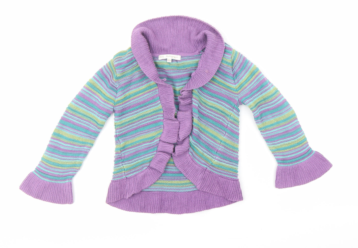 Autograph Girls Multicoloured Collared Striped Cotton Cardigan Jumper Size 4-5 Years - Open Ruffle