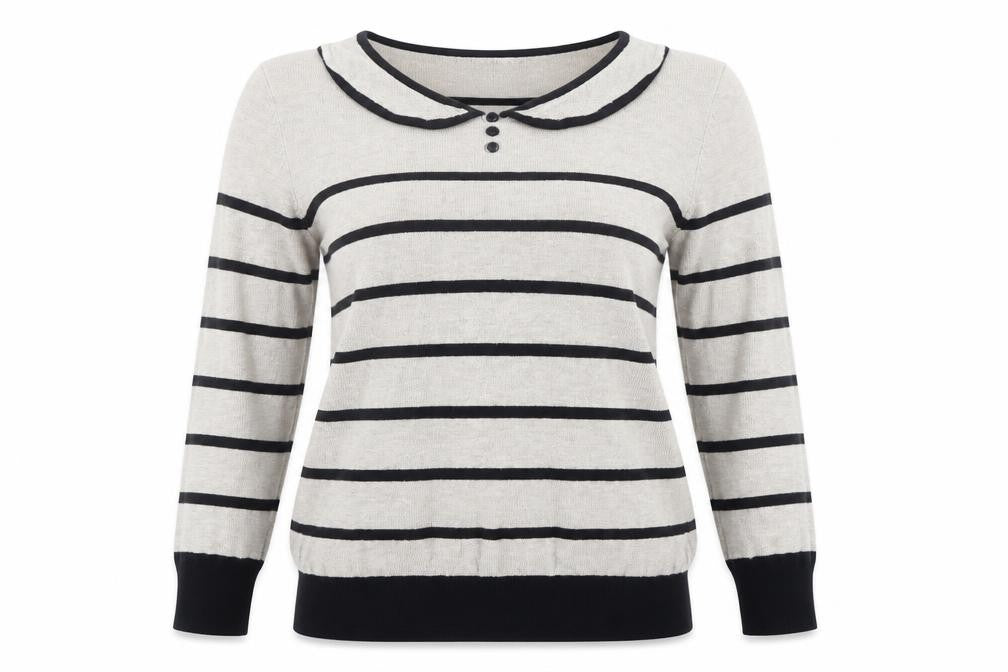Front view of Wallis women’s beige collared striped viscose jumper, size UK 8