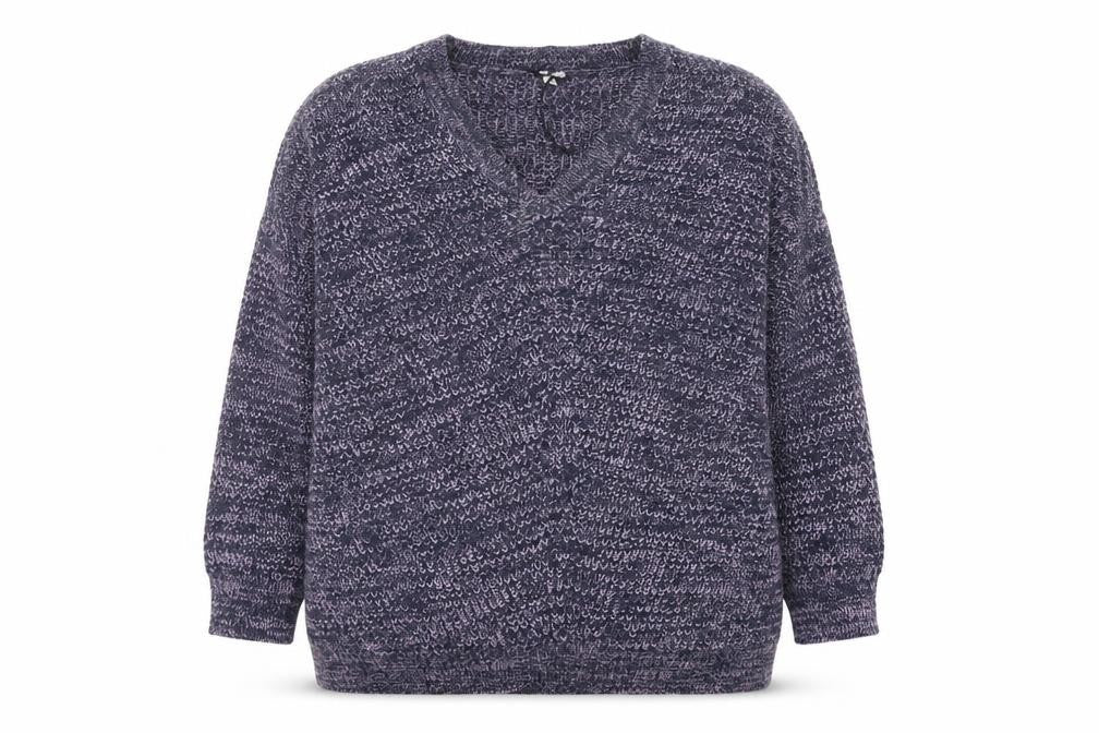 Front view of Capsule women’s purple v-neck acrylic jumper, size L
